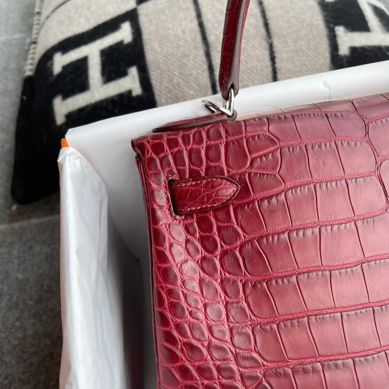 KELLY 28 MATTE MISSISSIPPIENSIS ALLIGATOR LEATHER ROUGE GRENADE WITH PALLADIUM HARDWARE (PHW) - 4