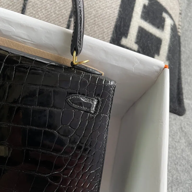 KELLY 25 SHINY (LISSE) MISSISSIPPIENSIS ALLIGATOR LEATHER NOIR (BLACK) WITH GOLD HARDWARE (GHW) - 9