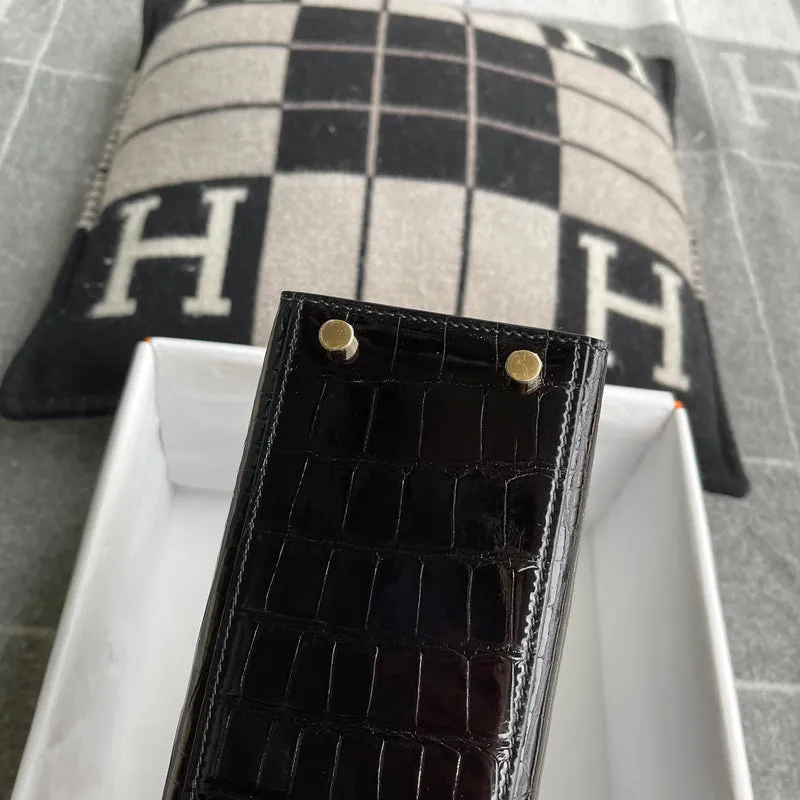 KELLY 25 SHINY (LISSE) MISSISSIPPIENSIS ALLIGATOR LEATHER NOIR (BLACK) WITH GOLD HARDWARE (GHW) - 10