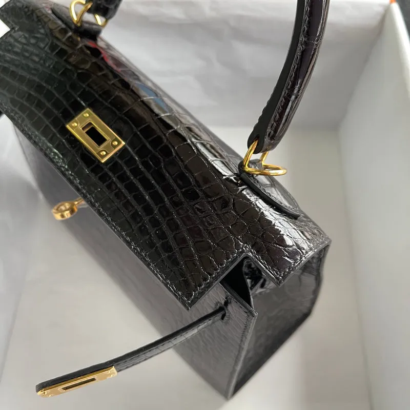 KELLY 25 SHINY (LISSE) MISSISSIPPIENSIS ALLIGATOR LEATHER NOIR (BLACK) WITH GOLD HARDWARE (GHW) - 6