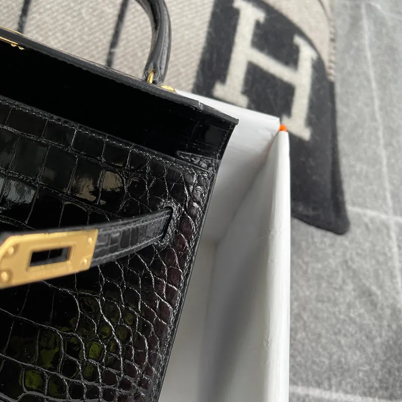 KELLY 25 SHINY (LISSE) MISSISSIPPIENSIS ALLIGATOR LEATHER NOIR (BLACK) WITH GOLD HARDWARE (GHW) - 7