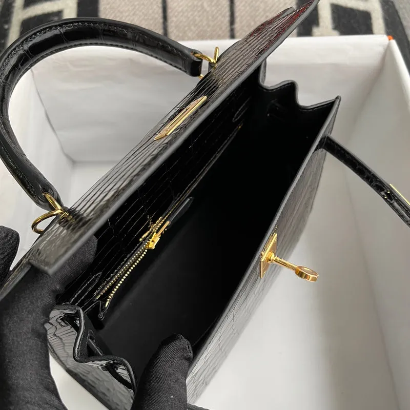 KELLY 25 SHINY (LISSE) MISSISSIPPIENSIS ALLIGATOR LEATHER NOIR (BLACK) WITH GOLD HARDWARE (GHW) - 5