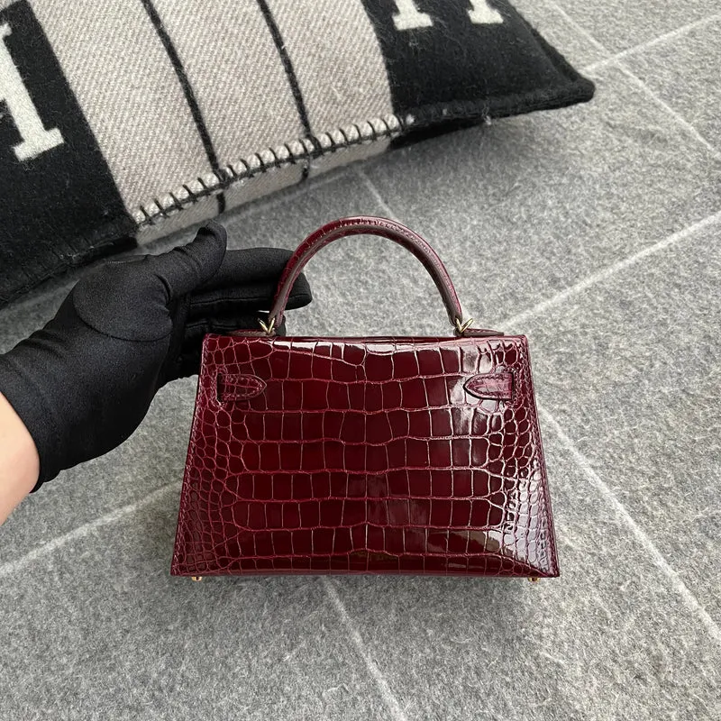 MINI KELLY II (20) SHINY (LISSE) MISSISSIPPIENSIS ALLIGATOR LEATHER BORDEAUX WITH GOLD HARDWARE (GHW) - 3