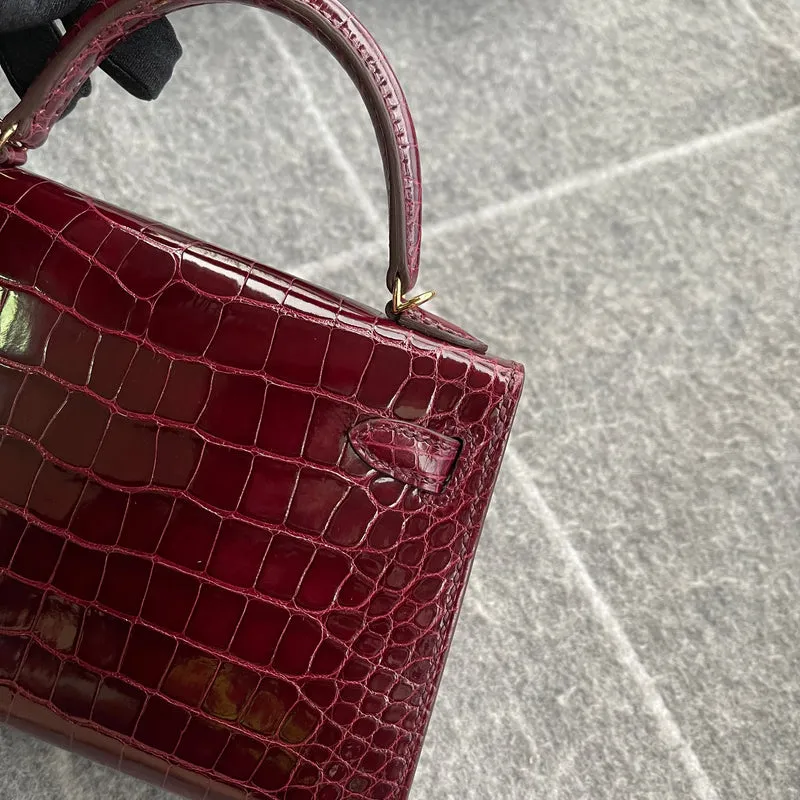 MINI KELLY II (20) SHINY (LISSE) MISSISSIPPIENSIS ALLIGATOR LEATHER BORDEAUX WITH GOLD HARDWARE (GHW) - 4