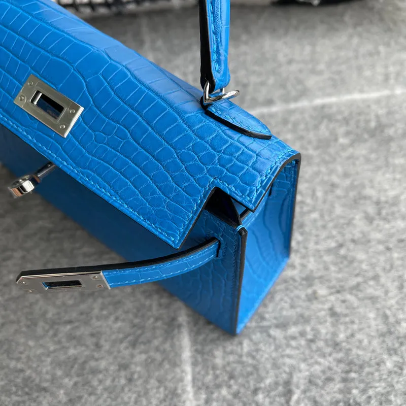 MINI KELLY II (20) MATTE MISSISSIPPIENSIS ALLIGATOR LEATHER BLEU ZELLIGE WITH PALLADIUM HARDWARE (PHW) - 7