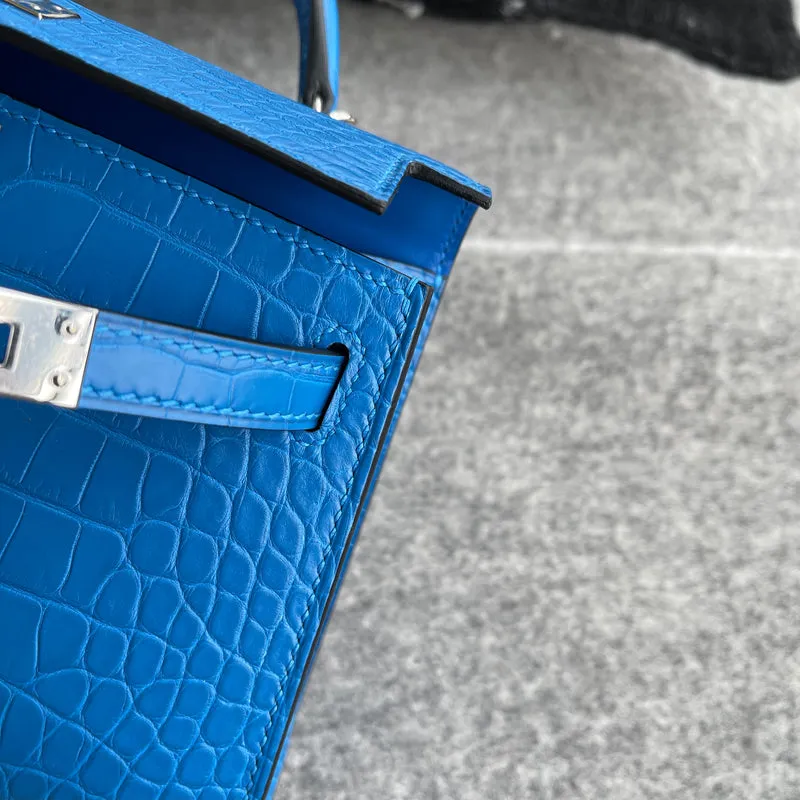 MINI KELLY II (20) MATTE MISSISSIPPIENSIS ALLIGATOR LEATHER BLEU ZELLIGE WITH PALLADIUM HARDWARE (PHW) - 8