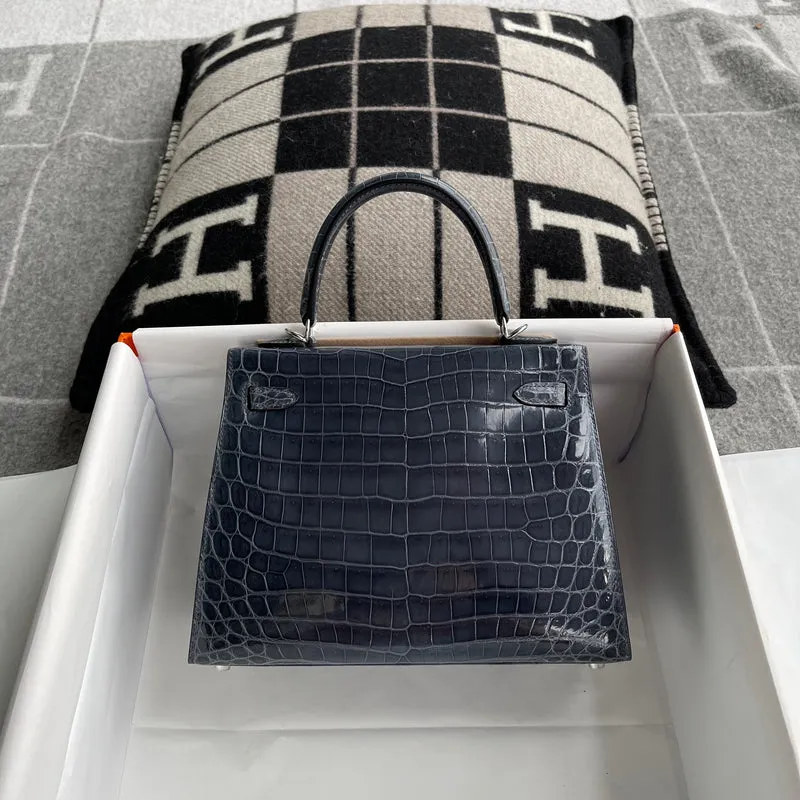 KELLY 25 SHINY (LISSE) PROSUS CROCODILE LEATHER BLEU TEMPETE WITH PALLADIUM HARDWARE (PHW) - 3