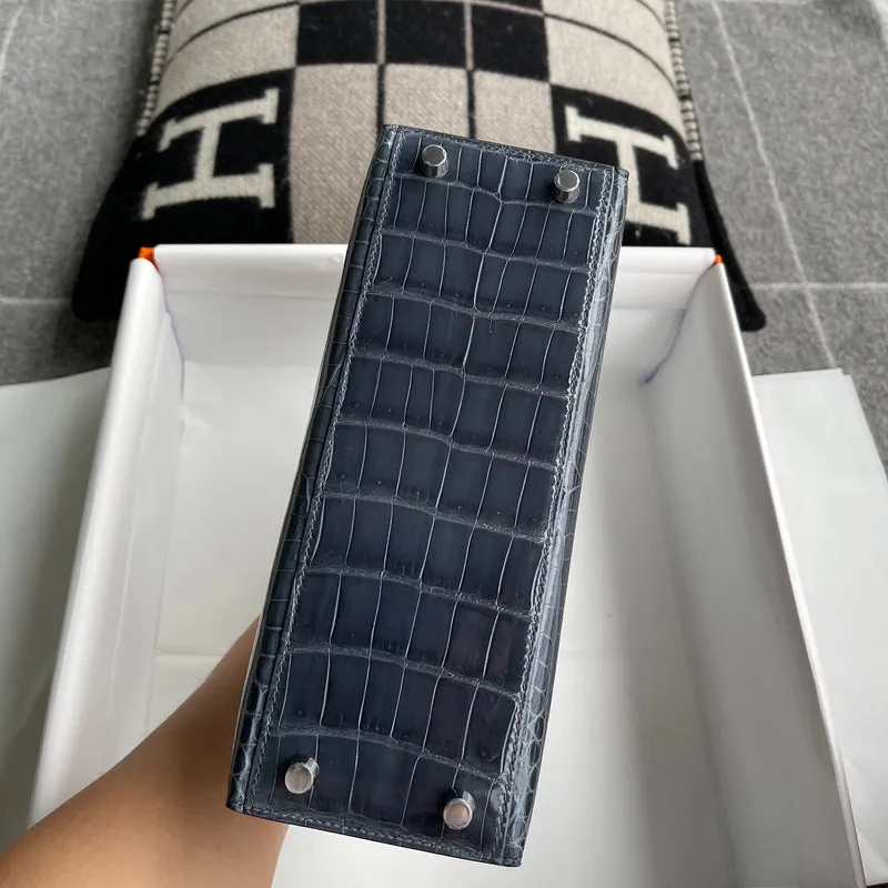 KELLY 25 SHINY (LISSE) PROSUS CROCODILE LEATHER BLEU TEMPETE WITH PALLADIUM HARDWARE (PHW) - 9