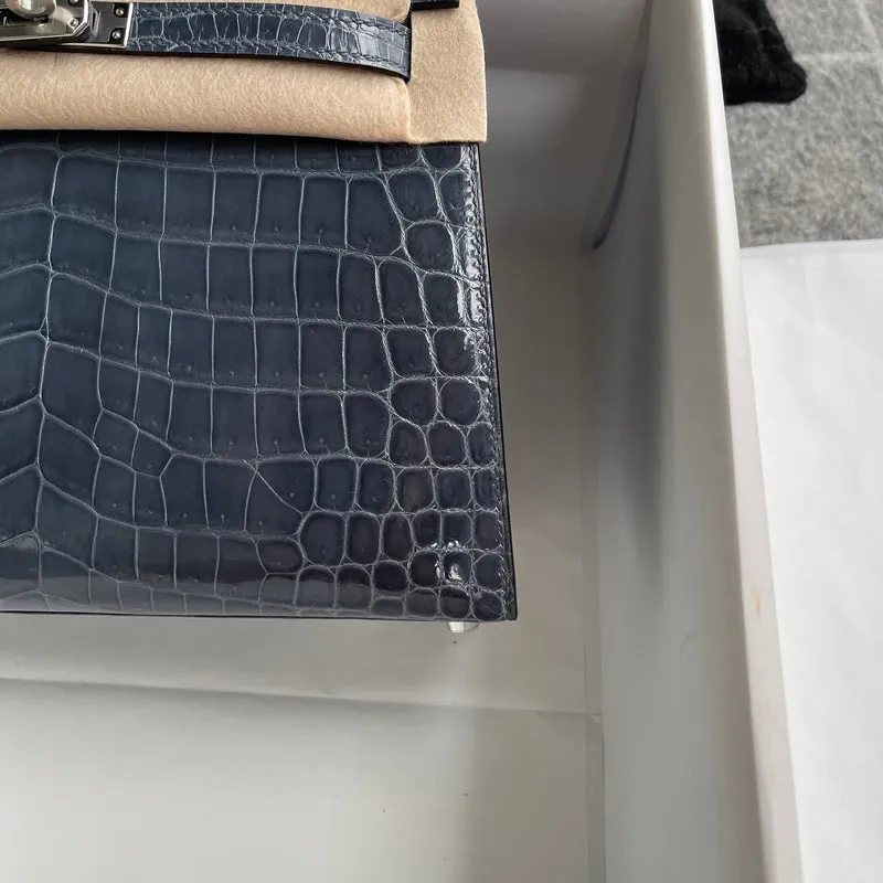 KELLY 25 SHINY (LISSE) PROSUS CROCODILE LEATHER BLEU TEMPETE WITH PALLADIUM HARDWARE (PHW) - 6