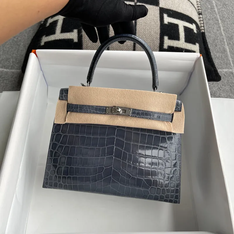 KELLY 25 SHINY (LISSE) PROSUS CROCODILE LEATHER BLEU TEMPETE WITH PALLADIUM HARDWARE (PHW) - 2