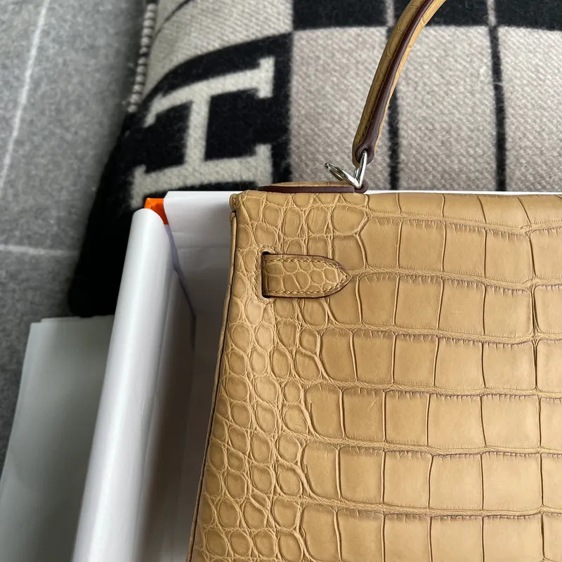 KELLY 28 MATTE MISSISSIPPIENSIS ALLIGATOR LEATHER KRAFT WITH PALLADIUM HARDWARE (PHW) - 12