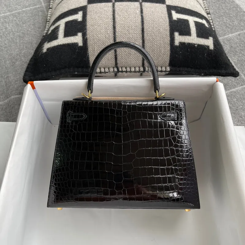 KELLY 25 SHINY (LISSE) PROSUS CROCODILE LEATHER NOIR (BLACK) WITH GOLD HARDWARE (GHW) - 3