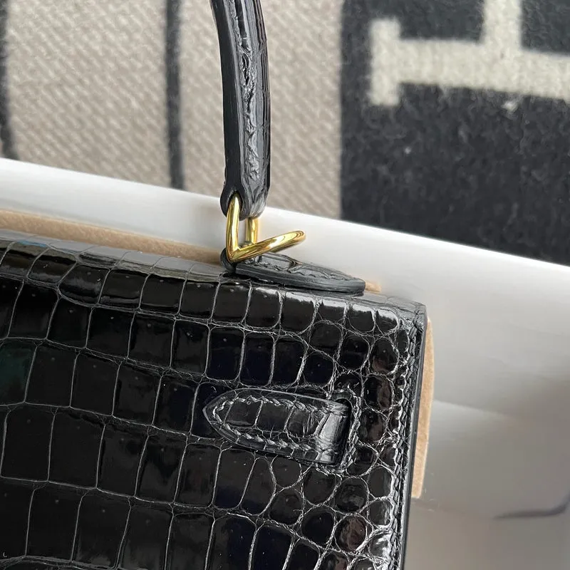 KELLY 25 SHINY (LISSE) PROSUS CROCODILE LEATHER NOIR (BLACK) WITH GOLD HARDWARE (GHW) - 9