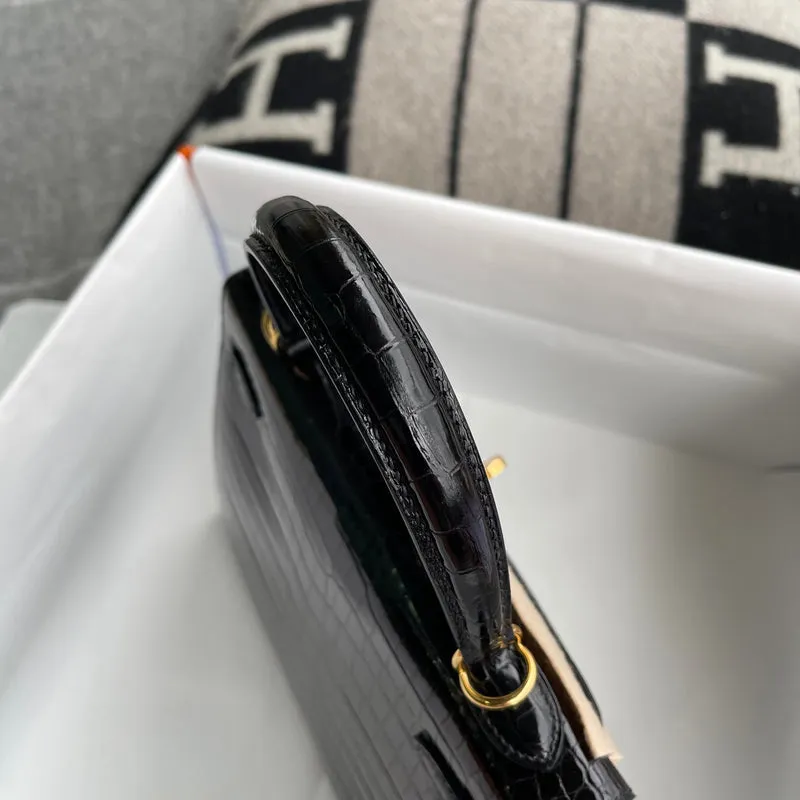 KELLY 25 SHINY (LISSE) PROSUS CROCODILE LEATHER NOIR (BLACK) WITH GOLD HARDWARE (GHW) - 12