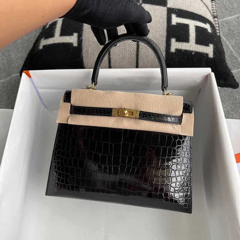 KELLY 25 SHINY (LISSE) PROSUS CROCODILE LEATHER NOIR (BLACK) WITH GOLD HARDWARE (GHW) - 2