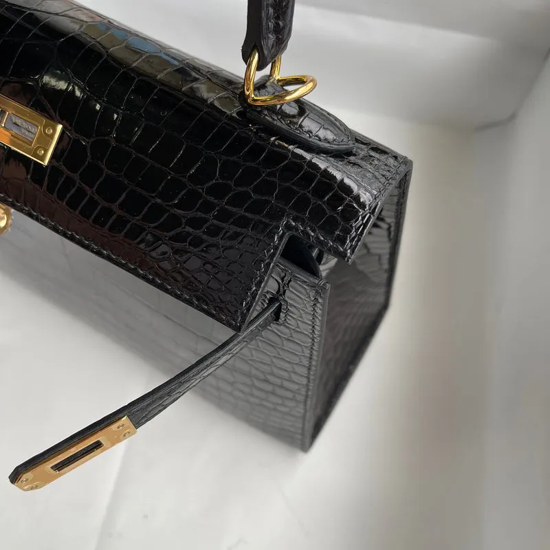 KELLY 25 SHINY (LISSE) PROSUS CROCODILE LEATHER NOIR (BLACK) WITH GOLD HARDWARE (GHW) - 6