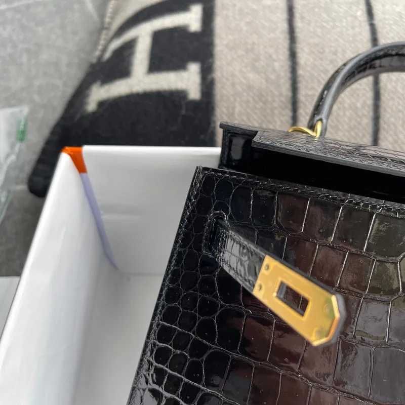 KELLY 25 SHINY (LISSE) PROSUS CROCODILE LEATHER NOIR (BLACK) WITH GOLD HARDWARE (GHW) - 7