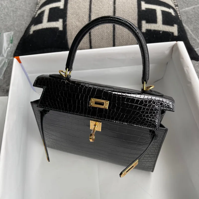 KELLY 25 SHINY (LISSE) PROSUS CROCODILE LEATHER NOIR (BLACK) WITH GOLD HARDWARE (GHW) - 5
