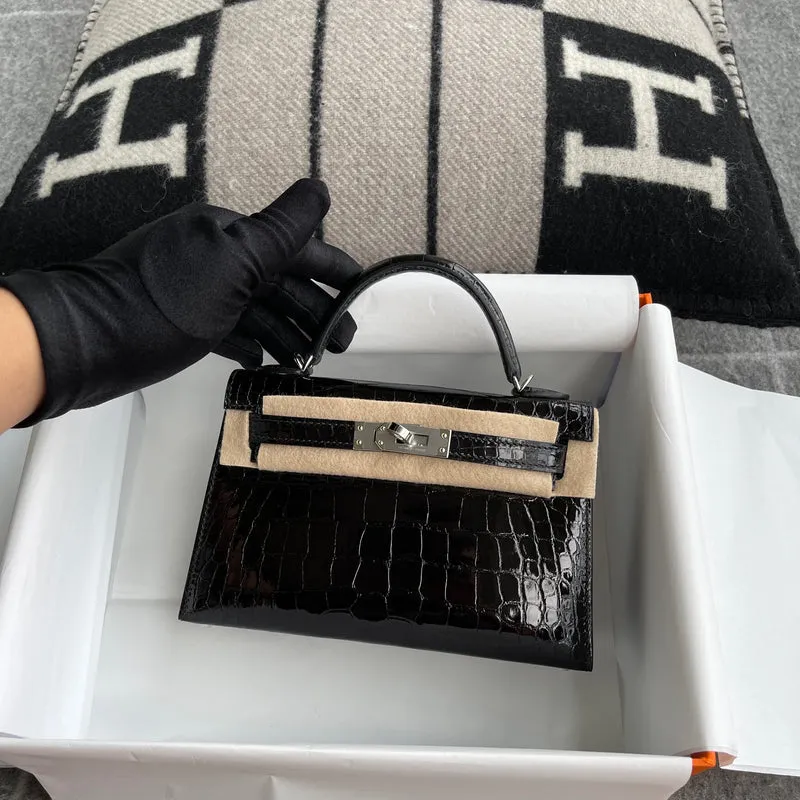 MINI KELLY II (20) SHINY (LISSE) MISSISSIPPIENSIS ALLIGATOR LEATHER NOIR (BLACK) WITH PALLADIUM HARDWARE (PHW) - 3