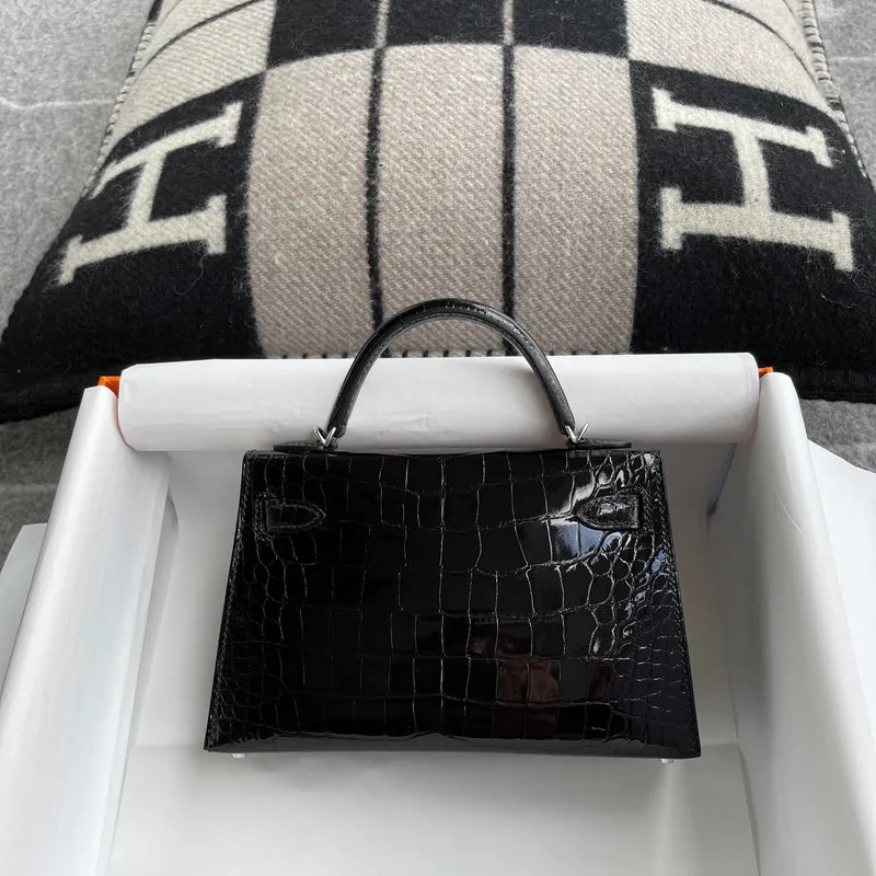 MINI KELLY II (20) SHINY (LISSE) MISSISSIPPIENSIS ALLIGATOR LEATHER NOIR (BLACK) WITH PALLADIUM HARDWARE (PHW) - 2