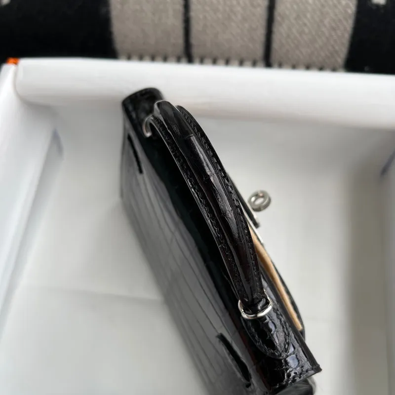 MINI KELLY II (20) SHINY (LISSE) MISSISSIPPIENSIS ALLIGATOR LEATHER NOIR (BLACK) WITH PALLADIUM HARDWARE (PHW) - 9