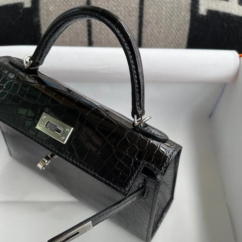 MINI KELLY II (20) SHINY (LISSE) MISSISSIPPIENSIS ALLIGATOR LEATHER NOIR (BLACK) WITH PALLADIUM HARDWARE (PHW) - 5