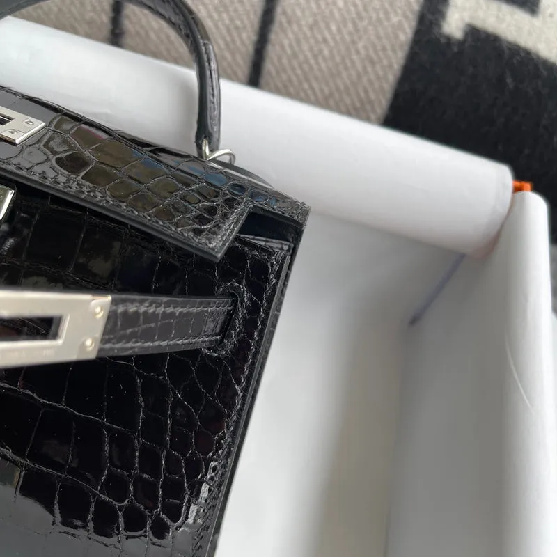 MINI KELLY II (20) SHINY (LISSE) MISSISSIPPIENSIS ALLIGATOR LEATHER NOIR (BLACK) WITH PALLADIUM HARDWARE (PHW) - 7