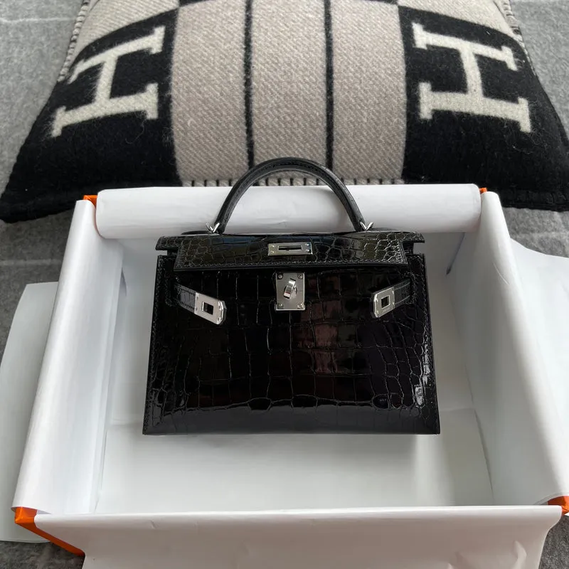 MINI KELLY II (20) SHINY (LISSE) MISSISSIPPIENSIS ALLIGATOR LEATHER NOIR (BLACK) WITH PALLADIUM HARDWARE (PHW) - 4