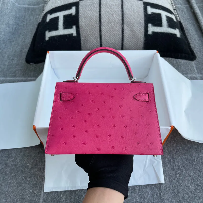 MINI KELLY II (20) OSTRICH LEATHER ROSE TYRIEN WITH PALLADIUM HARDWARE (PHW) - 3