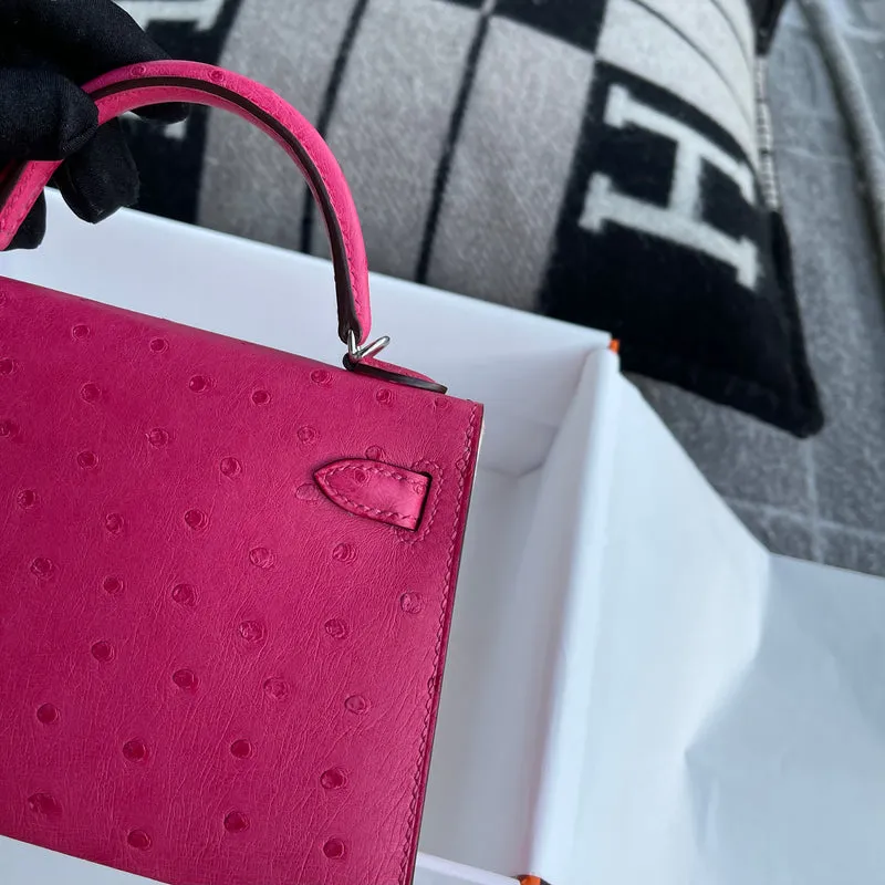 MINI KELLY II (20) OSTRICH LEATHER ROSE TYRIEN WITH PALLADIUM HARDWARE (PHW) - 6