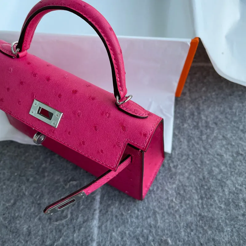 MINI KELLY II (20) OSTRICH LEATHER ROSE TYRIEN WITH PALLADIUM HARDWARE (PHW) - 5