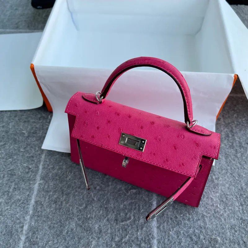 MINI KELLY II (20) OSTRICH LEATHER ROSE TYRIEN WITH PALLADIUM HARDWARE (PHW) - 4