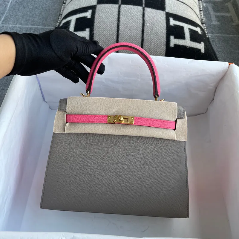 KELLY 25 EPSOM LEATHER HORSESHOE STAMP (HSS) BI-COLOR GRIS ASPHALTE & ROSE AZALEE WITH GOLD HARDWARE (GHW) - 3