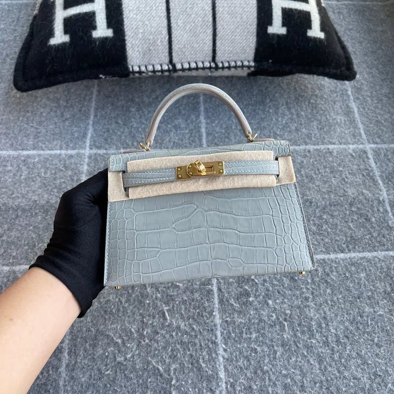 MINI KELLY II (20) MATTE MISSISSIPPIENSIS ALLIGATOR LEATHER PEARL GREY WITH GOLD HARDWARE (GHW) - 2