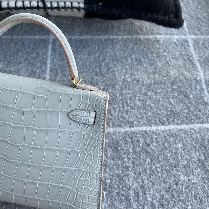 MINI KELLY II (20) MATTE MISSISSIPPIENSIS ALLIGATOR LEATHER PEARL GREY WITH GOLD HARDWARE (GHW) - 4