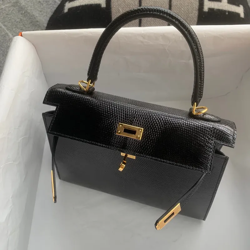 KELLY 25 LIZARD LEATHER NOIR (BLACK) WITH GOLD HARDWARE (GHW) - 3