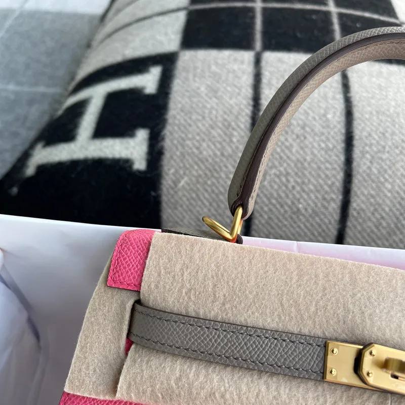 KELLY 25 EPSOM LEATHER HORSESHOE STAMP (HSS) BI-COLOR ROSE AZALLE & GRIS ASPHALTE WITH GOLD HARDWARE (GHW) - 10