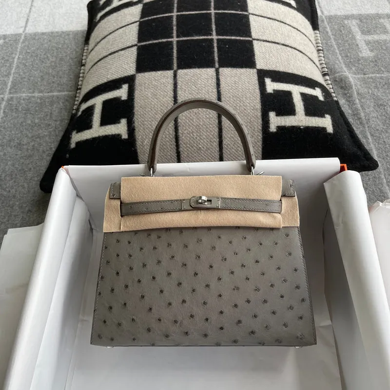 KELLY 25 OSTRICH LEATHER GRIS ASPHALTE WITH PALLADIUM HARDWARE (PHW) - 1