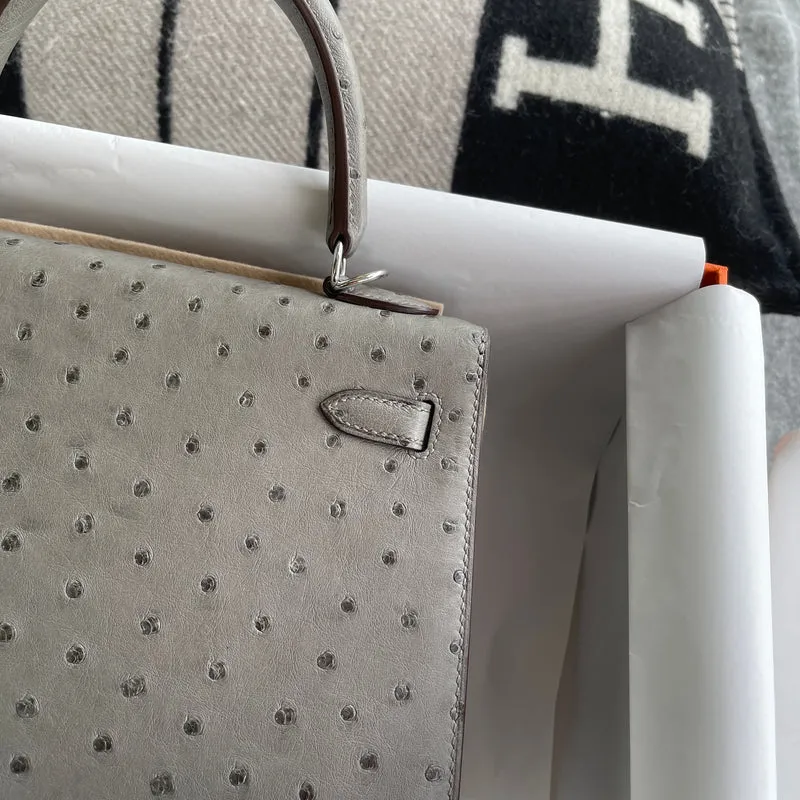 KELLY 25 OSTRICH LEATHER GRIS ASPHALTE WITH PALLADIUM HARDWARE (PHW) - 4