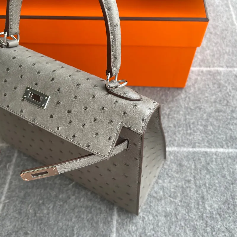 KELLY 25 OSTRICH LEATHER GRIS ASPHALTE WITH PALLADIUM HARDWARE (PHW) - 6