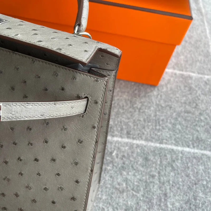 KELLY 25 OSTRICH LEATHER GRIS ASPHALTE WITH PALLADIUM HARDWARE (PHW) - 8
