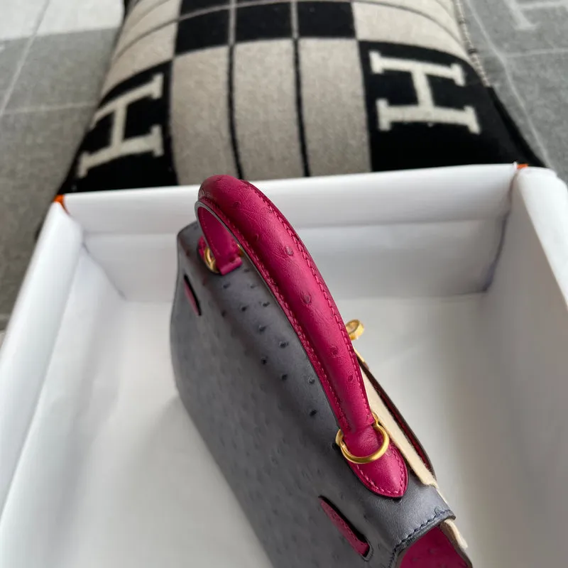KELLY 25 OSTRICH LEATHER HORSESHOE STAMP (HSS) BI-COLOR GRIS AGATE & ROSE POURPRE WITH BRUSHED GOLD HARDWARE (BGHW) - 8