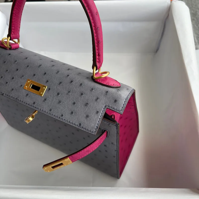 KELLY 25 OSTRICH LEATHER HORSESHOE STAMP (HSS) BI-COLOR GRIS AGATE & ROSE POURPRE WITH BRUSHED GOLD HARDWARE (BGHW) - 6