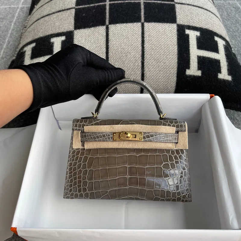 MINI KELLY II (20) SHINY (LISSE) MISSISSIPPIENSIS ALLIGATOR LEATHER GRIS TOURTERELLE WITH GOLD HARDWARE (GHW) - 2