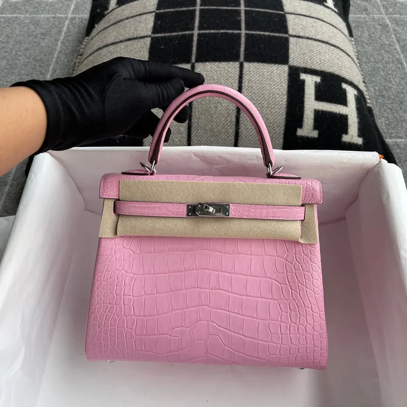 KELLY 25 MATTE MISSISSIPPIENSIS ALLIGATOR LEATHER PINK WITH PALLADIUM HARDWARE (PHW) - 2