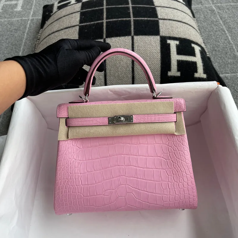 KELLY 25 MATTE MISSISSIPPIENSIS ALLIGATOR LEATHER PINK WITH PALLADIUM HARDWARE (PHW) - 3
