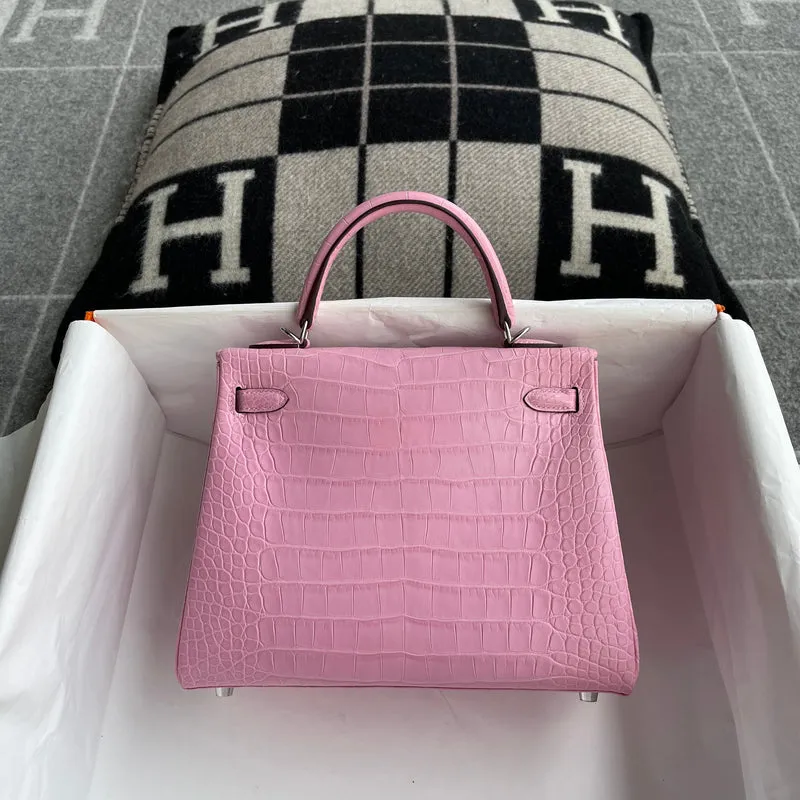 KELLY 25 MATTE MISSISSIPPIENSIS ALLIGATOR LEATHER PINK WITH PALLADIUM HARDWARE (PHW) - 4