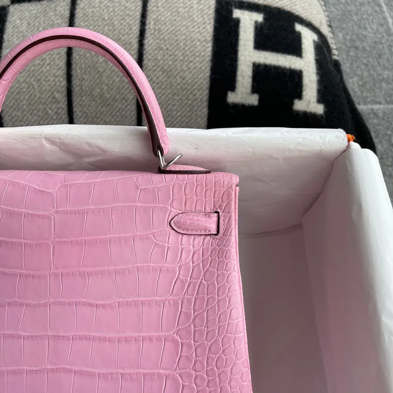 KELLY 25 MATTE MISSISSIPPIENSIS ALLIGATOR LEATHER PINK WITH PALLADIUM HARDWARE (PHW) - 5