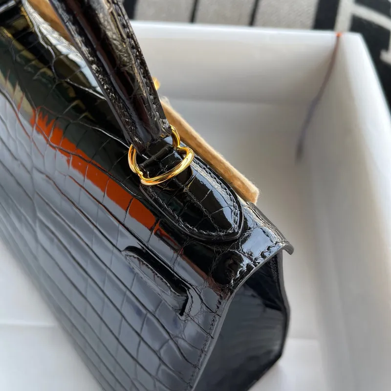 KELLY 28 SHINY (LISSE) NILOTICUS CROCODILE LEATHER NOIR (BLACK) WITH GOLD HARDWARE (GHW) - 10