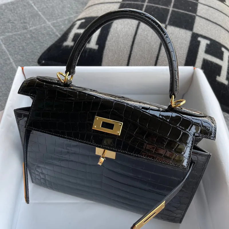 KELLY 28 SHINY (LISSE) NILOTICUS CROCODILE LEATHER NOIR (BLACK) WITH GOLD HARDWARE (GHW) - 6